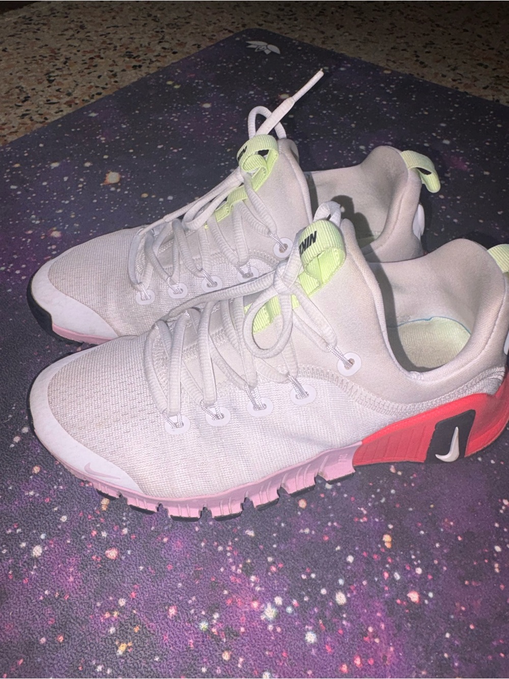 Nike metacon4 Women’s Light Gray Sneakers with Pink and Neon Yellow Accents